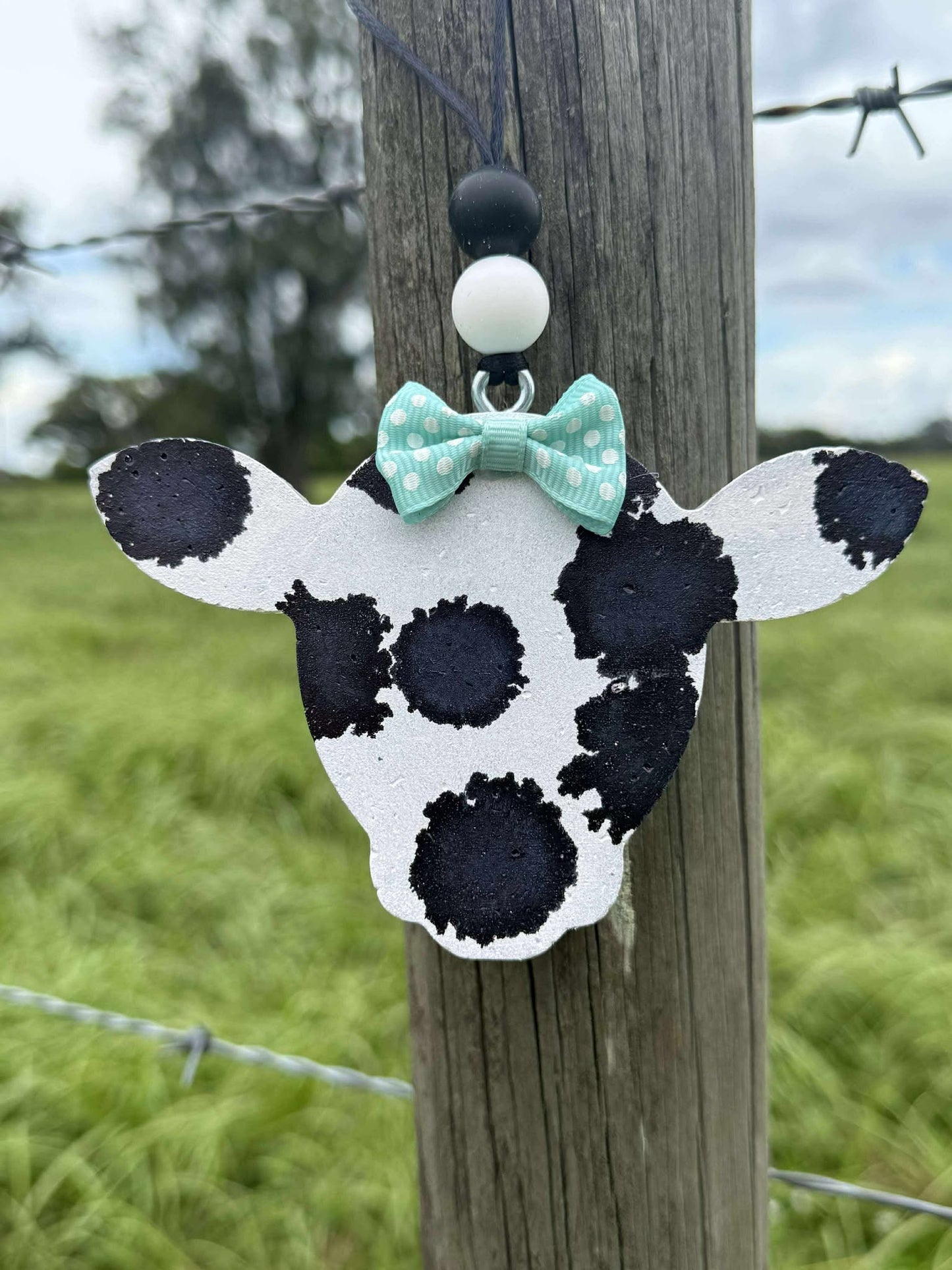BLACK AND WHITE COW FRESHIE (LEATHER AND LACE)